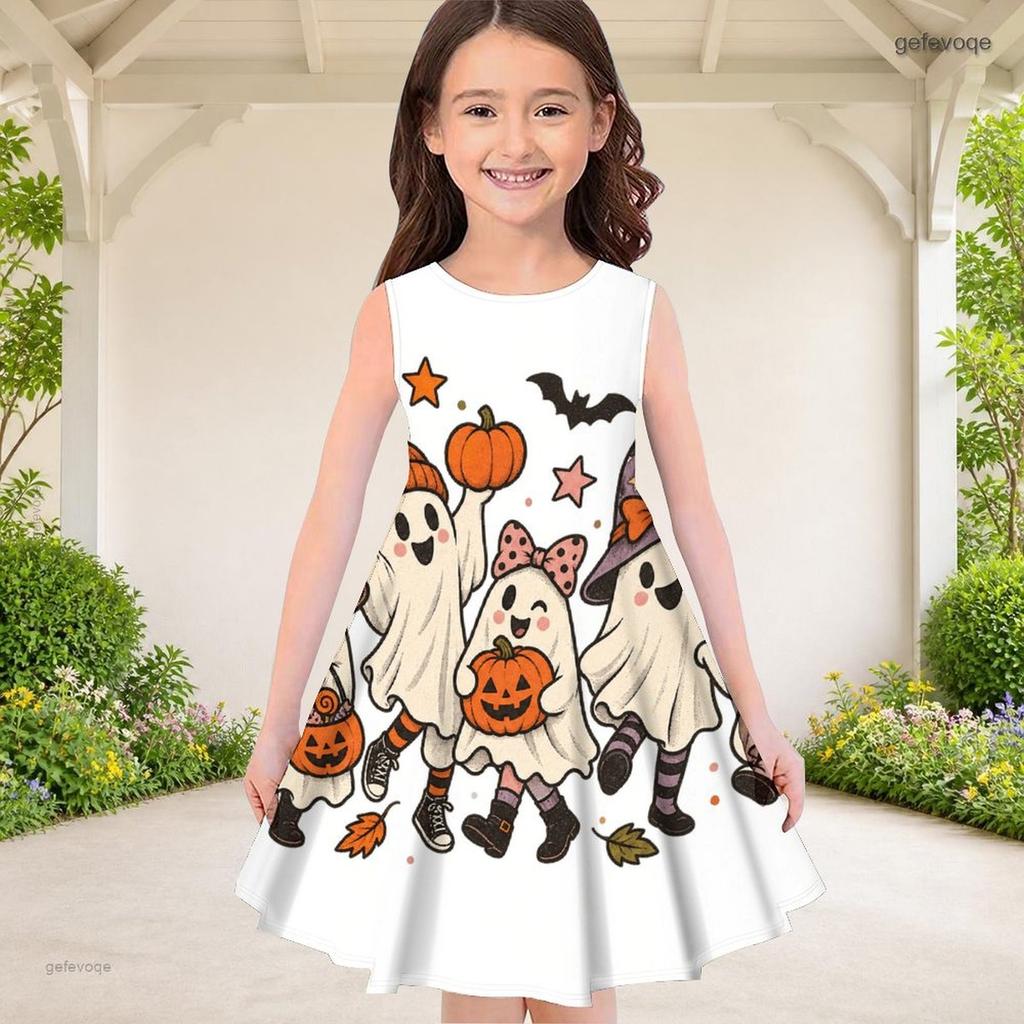 Little Girls Round Neck Sleeveless A Line Flared Dress Halloween Cartoon Lamb Printed