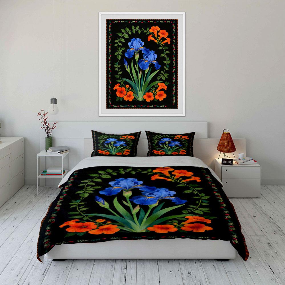 Blaue Iris, orange Blumen. Bettwäsche-Sets Bettbezug-Sets Bettbezüge Kissenbezüge(1 * Bettbezug 2 * Kissenbezüge ohne Bettdecke)