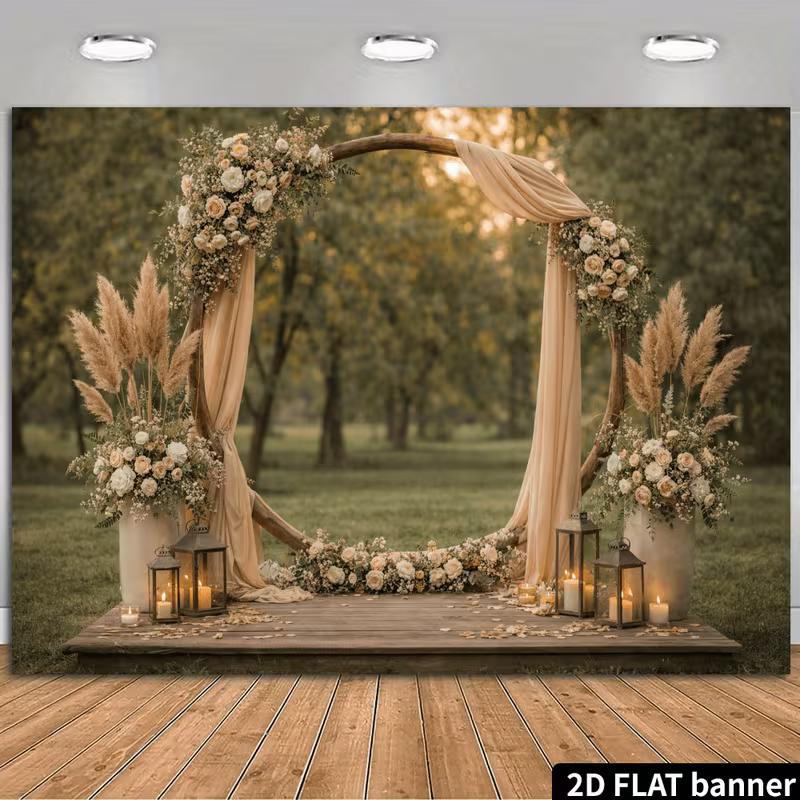 Sfondo Nuziale Boho 2D con Arco Floreale Rotondo Sfondo Fotografico