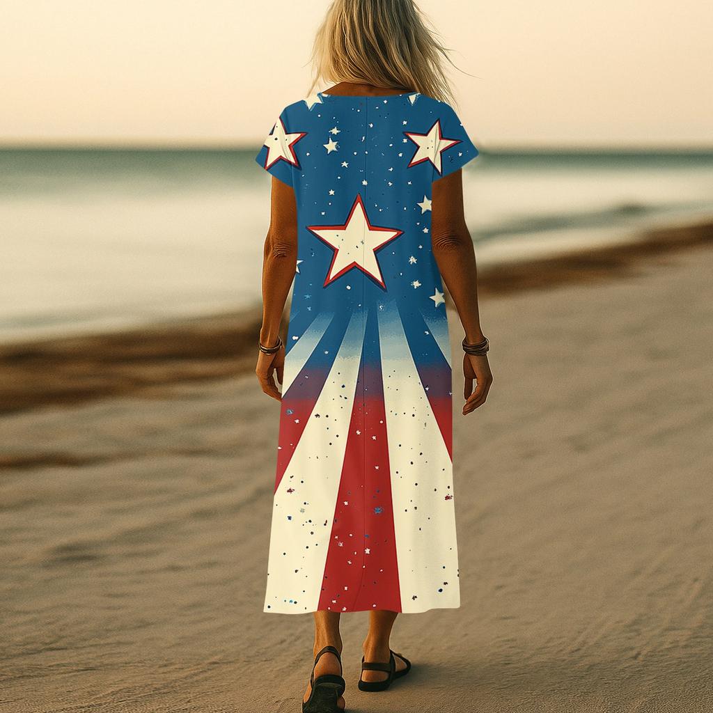 Women’s Short Sleeve V Neck Maxi Dress with Abstract Tie Dye Print Casual Loose Fit Summer Beachwear