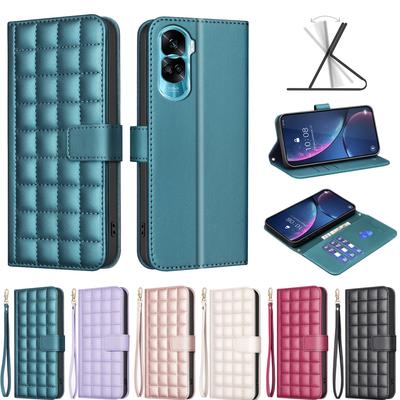 Kleine quadratische Gitterdesign PU-Leder Flip Stand Brieftasche Handyhülle für Honor 100,Honor 200 Lite,X9b,X8b,X7b,X7a,X6a,Honor 90,90 Lite,X50i...