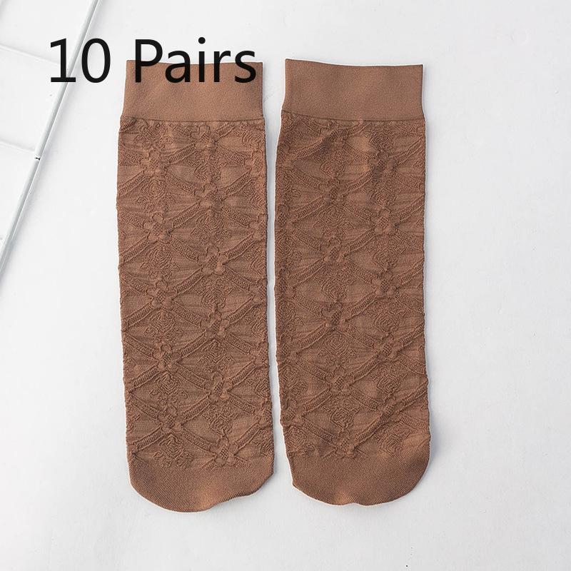 

10 пар женских весенне-летних плотных чулок-труб из шелка с темным цветочным рисунком, противоскользящих, не образующих затяжек 10 Pairs кофейный