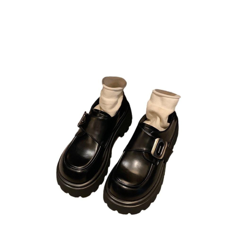 Grape Mother of the Same Style, College Style Square Buckle Lazy One-pedal Muffin Thick Heel Thick Sole Leather Loafers Small Leather Shoes