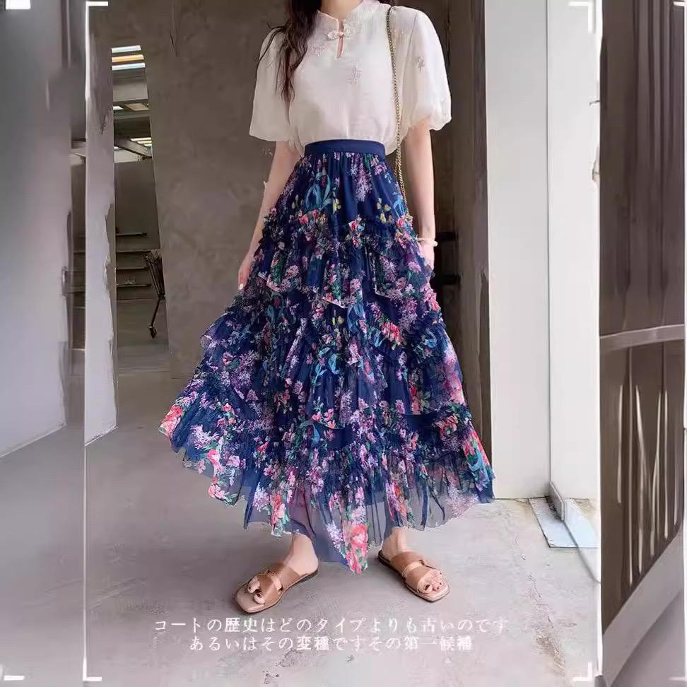 

Элегантная длинная юбка из тюля с принтом «Сказка», модная асимметричная эластичная талия, плиссированная юбка А-силуэта с цветочным принтом темно-синий