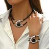 Set Collana e Bracciale Pendente Ovale Vintage a Doppio Strato Design Corda Nera