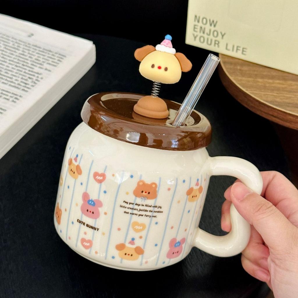 Creative Design Spring Puppy Ceramic Mug with Lid Cute Household Milk Oatmeal Cup Cartoon Cup Souvenir