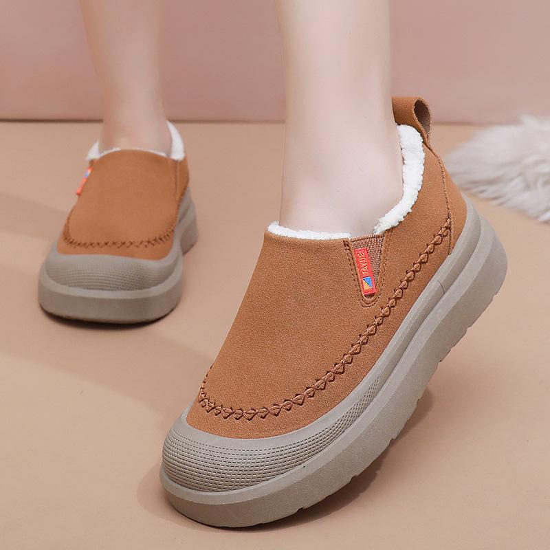 Women Cozy Slip-On Winter Boots with Warm Brown Fabric and Non-Slip PVC Sole