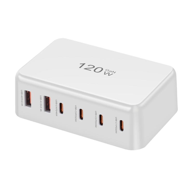 PD120W 4C2A Desktop Charger 4USB C 2USB A Port Fast Charging Hub Power Adapter for Multiple Devices ABS Housing