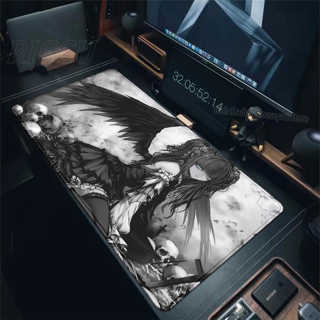 Alfombrilla de Ratón XXL Ángel Oscuro Chicas Anime Esterilla de Escritorio Oficina Portátil Alfombrilla de Escritorio Extendida Alfombrilla de Ratón para Jugador de PC Alfombrilla para Teclado Alfombra Negra