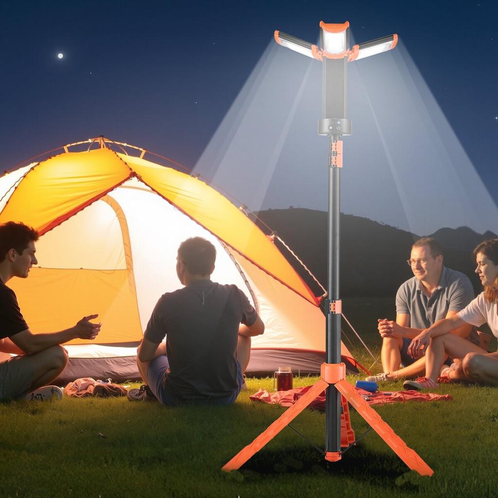 LED Work Light with Stand, 8Ah, Rechargeable Cordless Camping Light, with 3 Lamp Heads, Detachable Tripod Stand, 2200 Lumens 3000K-6500K Dimmable,