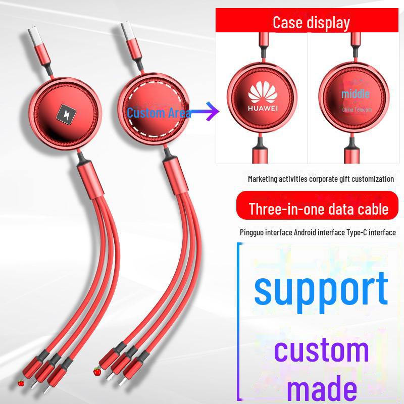 66W Fast-Charging Retractable 3-in-1 Data Cable with Storage & Electroplated Type-C