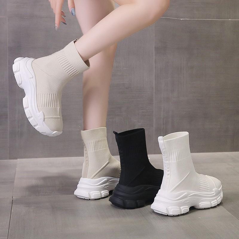 Sock Boots Women's Summer New Black High Top Sock Shoes Women's Thick Soled Elastic Flying Woven Casual Shoes C1158