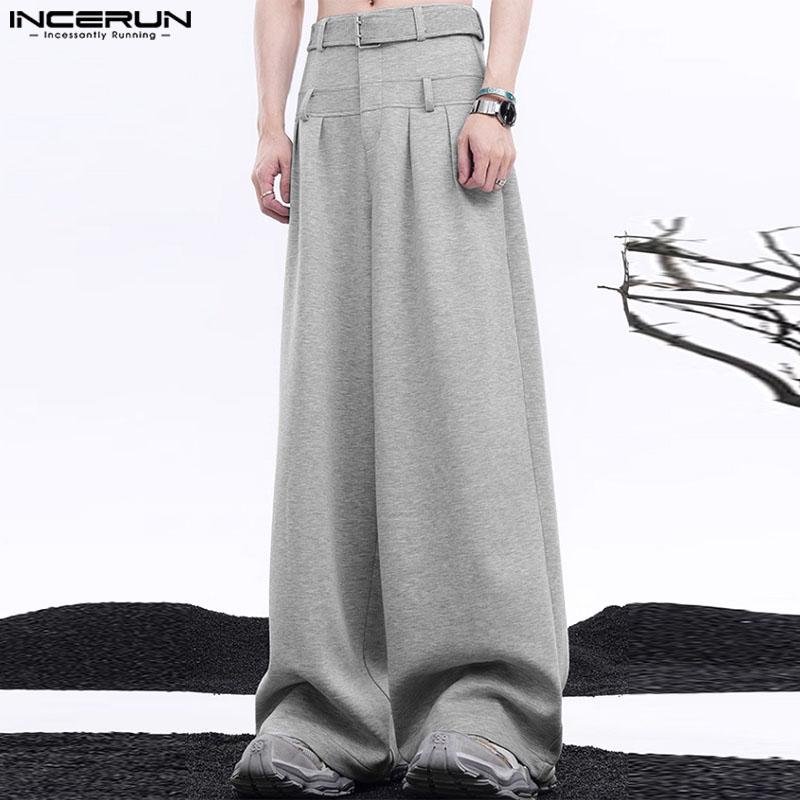 INCERUN Herrenhose mit Reißverschluss, lange Hose mit weitem Bein, lässige Palazzo-Hose, gerade Hose