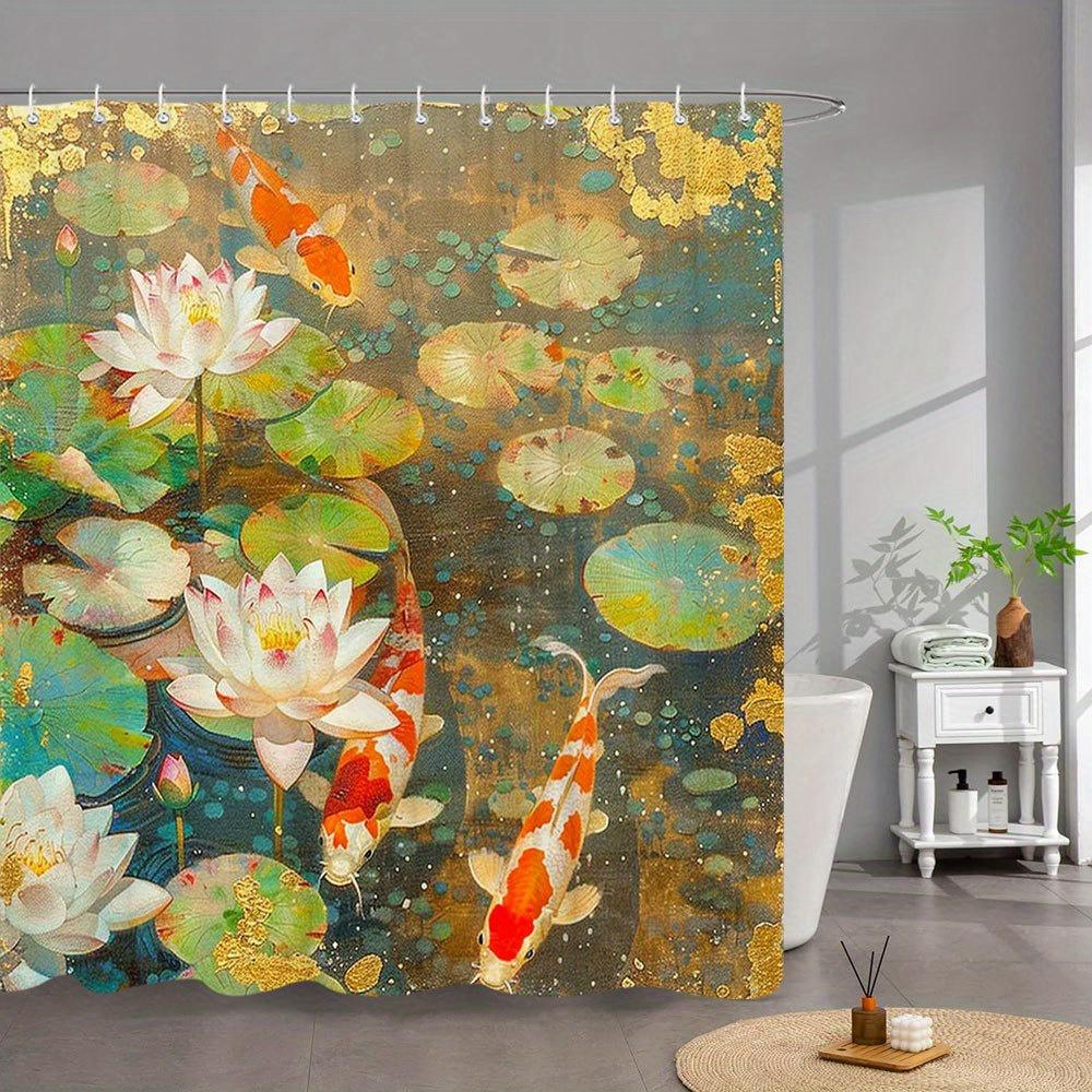 

1pc Serene for Lotus & Koi Fish Pond Shower Curtain - Realism Impressionism Art with Pink White for Lotus, Orange Koi, 90x180cm