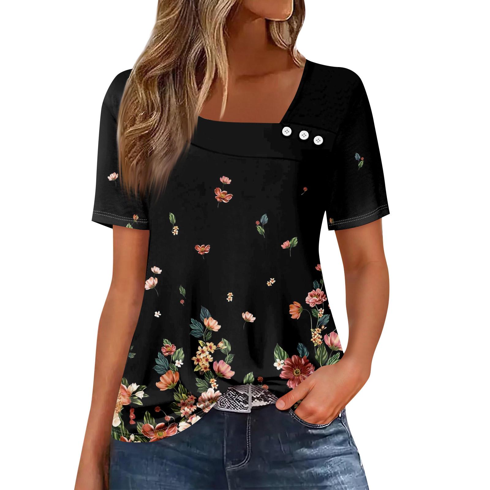 

Женская повседневная футболка с асимметричным вырезом и коротким рукавом, декоративная пуговица L чёрный