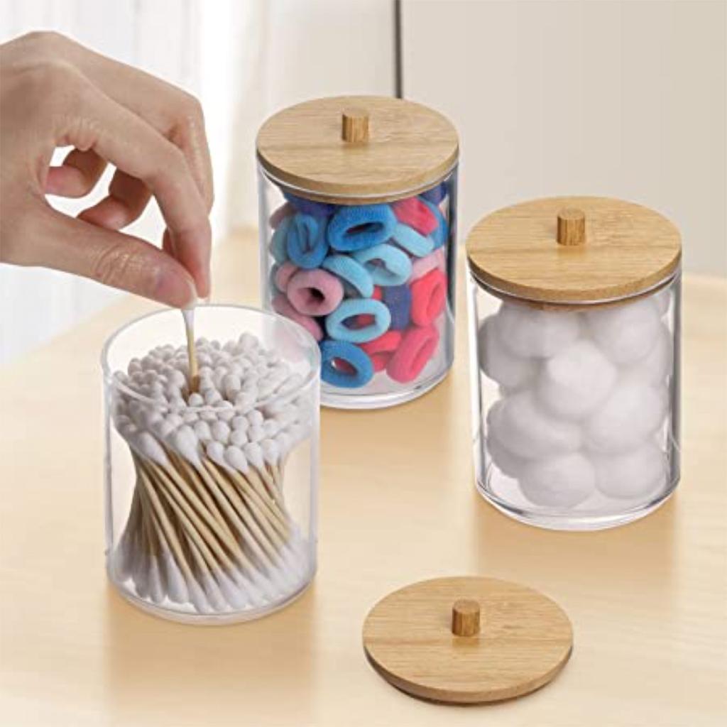 Bathroom Acrylic Storage Box Jar Makeup Organizer Cotton Round Pad Holder Cotton Swab Box Qtip Holder Dispenser with Bamboo Lid