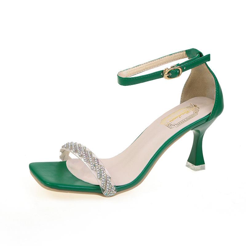 Fashion Rhinestone Sandals 2025 Summer Versatile Fashion Comfortable Roman One-word Strap Square Head Open Toe Empty High Heels