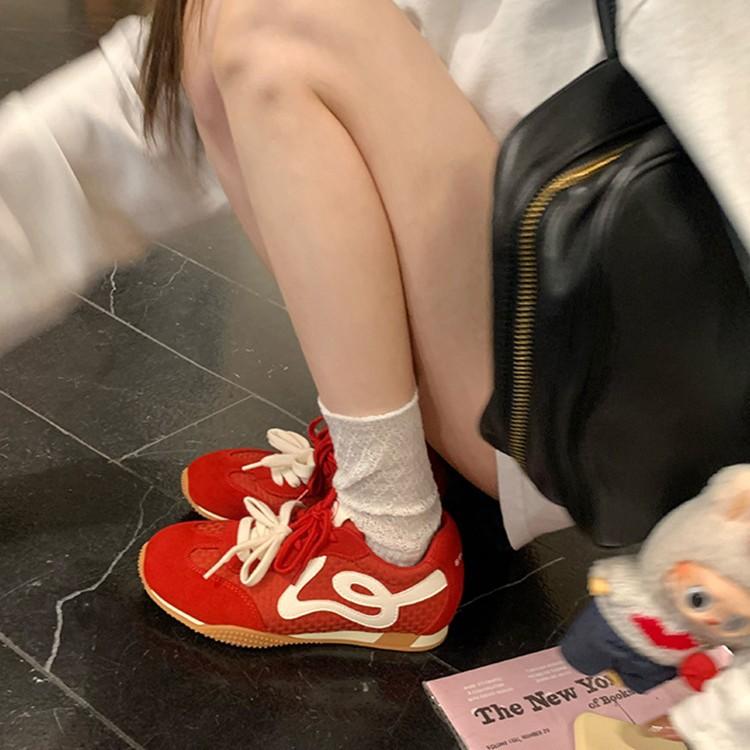 2025 autumn retro contrasting color mandarin duck shoelaces texture casual board shoes women's round head versatile platform German training shoes