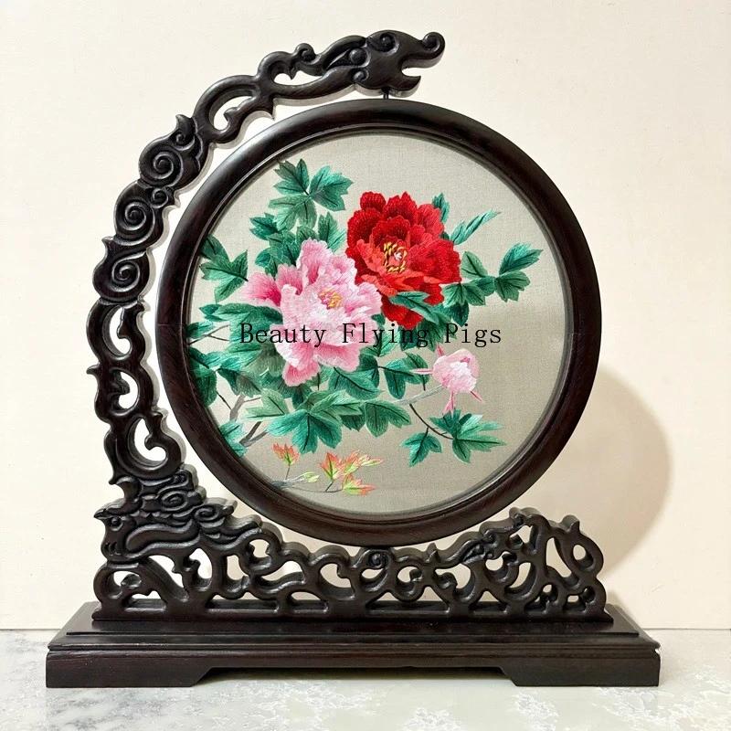 1pc, Su Embroidery Ornaments, Chinese Embroidery Crafts, Double Sided Embroidered Ornament, Solid Wood Desktop Decoration