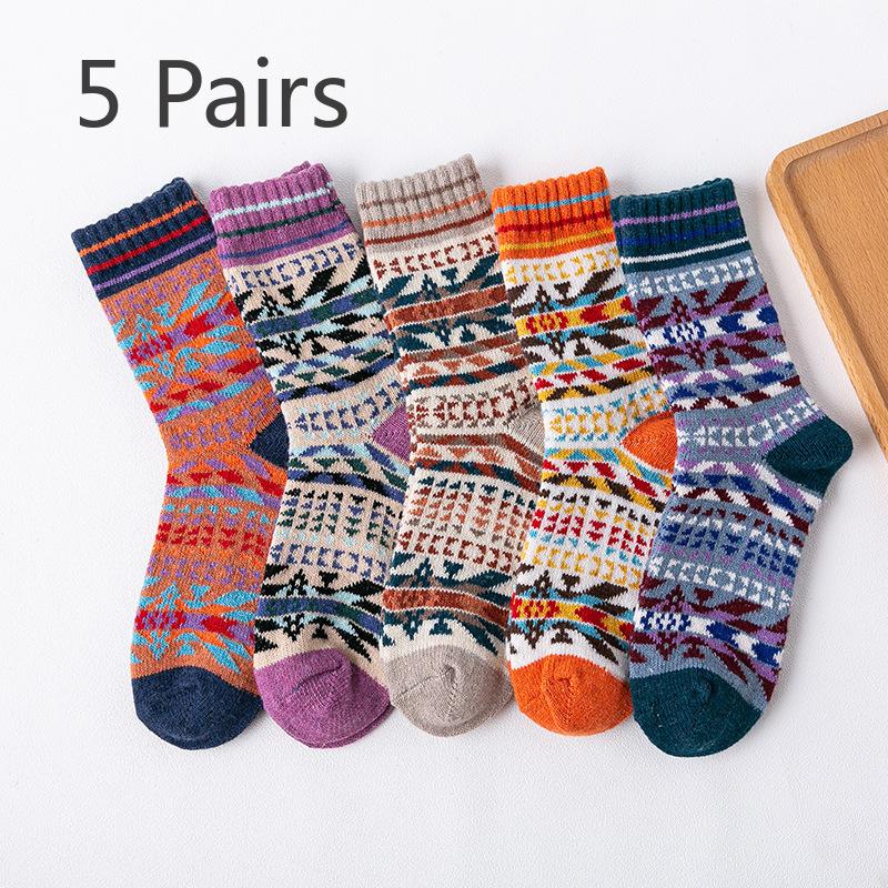 

5 пар зимних носков, женские утолщенные носки из кроличьей шерсти, высокие носки в этническом стиле 5 pairs