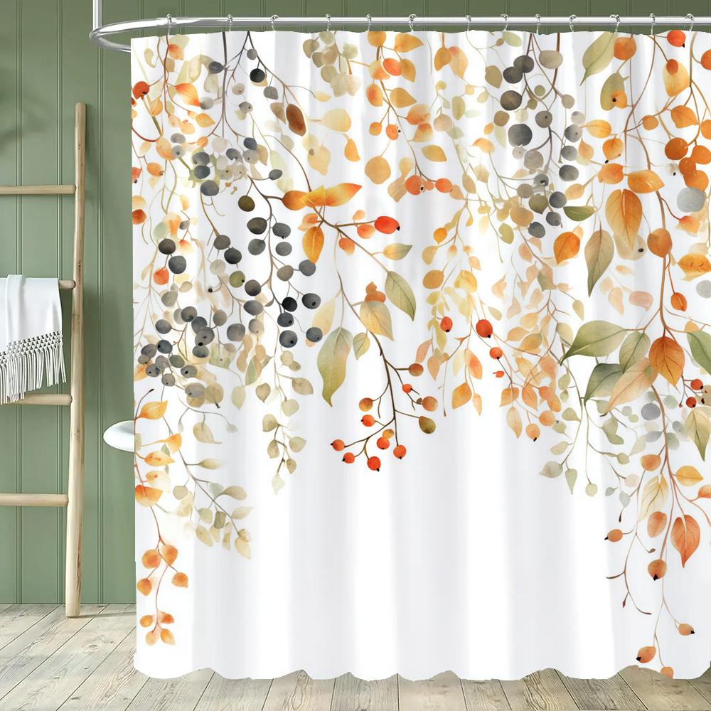 Modern Plants and Leaves Shower Curtain, Botanical Leaf Bathroom Decor Shower Curtain, Waterproof Shower Curtain with Hooks