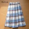 Japanese Mori Girl Autumn Winter Women Woolen Skirt Elastic Waist Blue Plaid Wool Skirt Thick Warm Sweet Elegant Midi Skirt