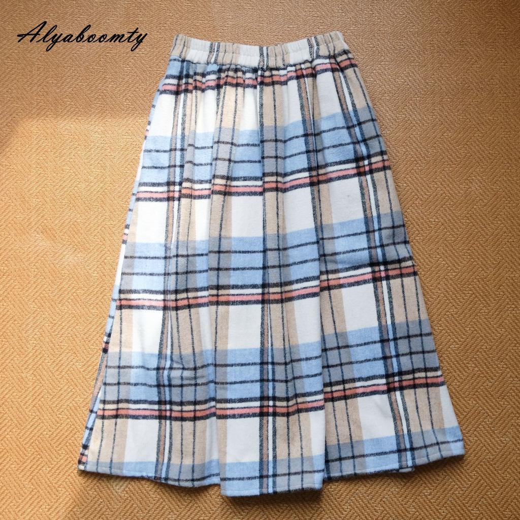 Japanese Mori Girl Autumn Winter Women Woolen Skirt Elastic Waist Blue Plaid Wool Skirt Thick Warm Sweet Elegant Midi Skirt