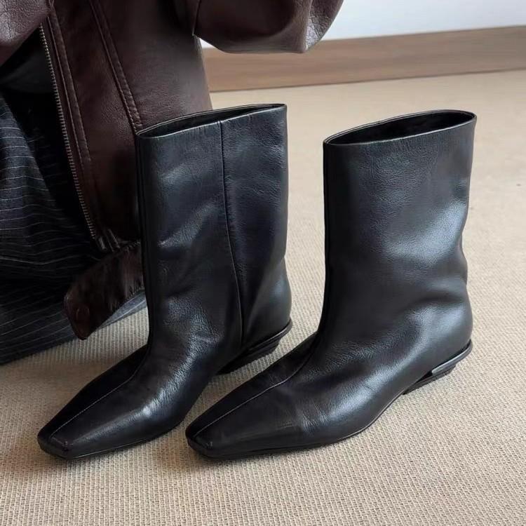 Cowhide Version~ Korean Version of Thin and Versatile Square Head Thick Heel Martin Boots Sleeve Thin Boots Short Boots Women's Chelsea Boots