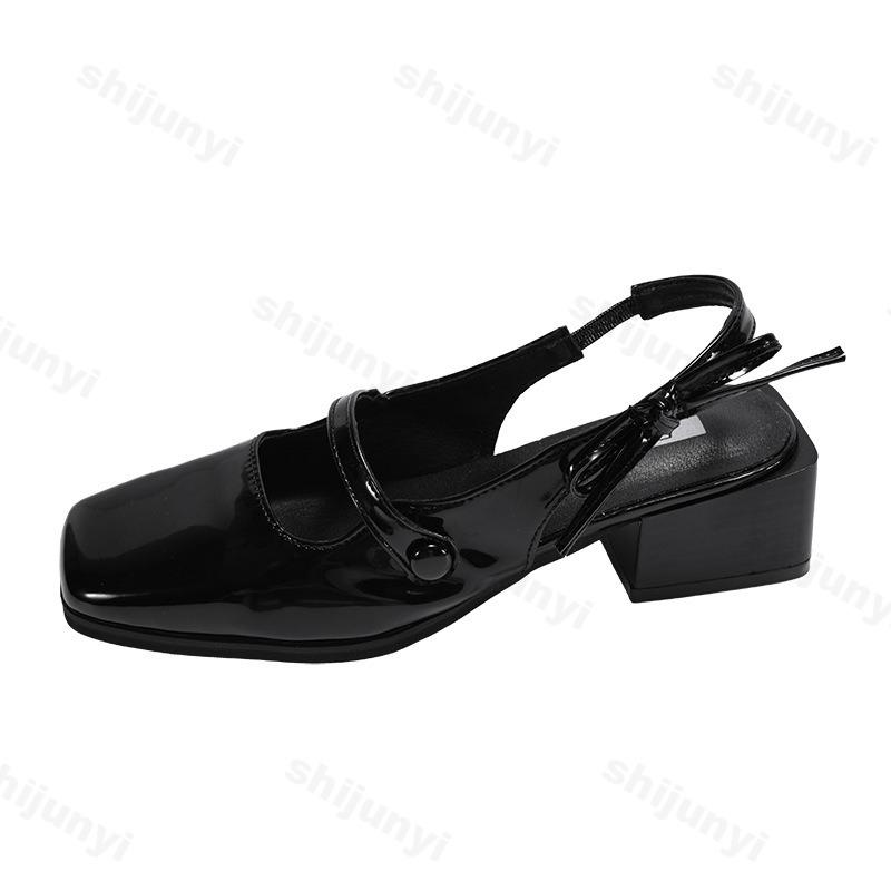 Fashion Elegant Bow Design Square Head Shallow Mouth Casual Sandals for Women 2025 Summer Back Strap Comfortable Coarse Heel Cool Pumps
