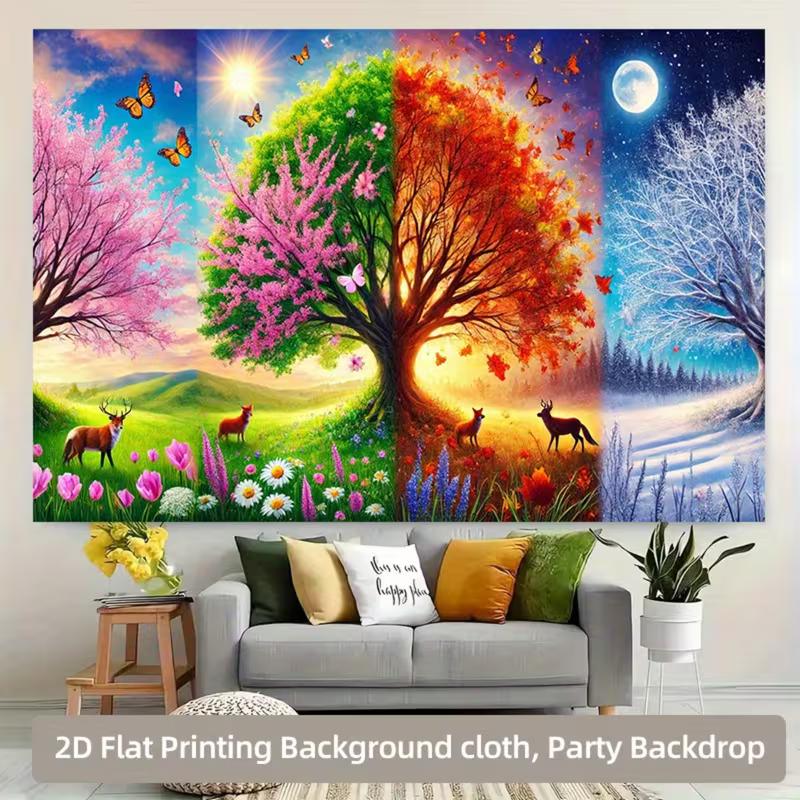 2D Four Seasons Tapestry, Vibrant Spring, Summer, Autumn, Winter Tree Wall Art