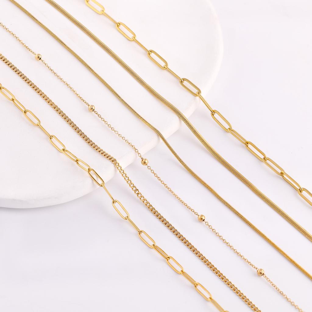 5Pcs/Lot Stainless Steel Bead Rope Link/Cuban/Paperclip Links Snake Chain Necklace Diy Women Jewelry 18K Gold Color Neck Chains