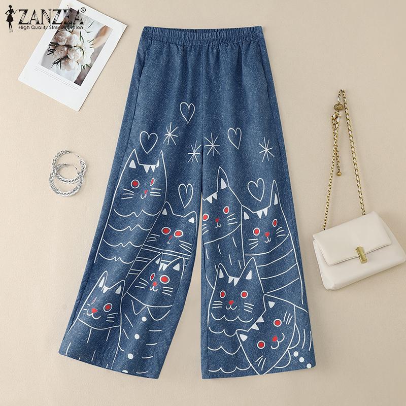 ZANZEA Women Casual Elastic Waist Loose Print Pants