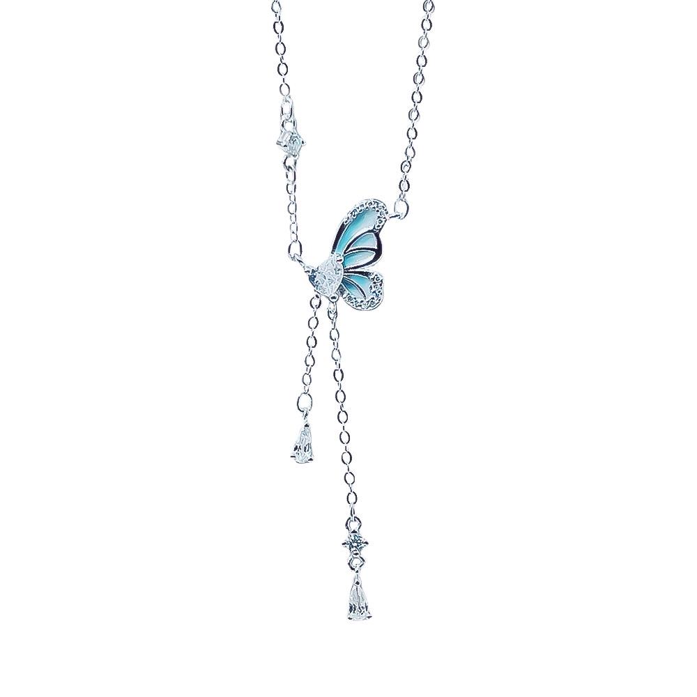 S999 Sterling Silver Butterfly Tassel Necklace - Luminous Korean Mori Style, Fresh Summer Clavicle Chain, Versatile for Women. Sterling Silver