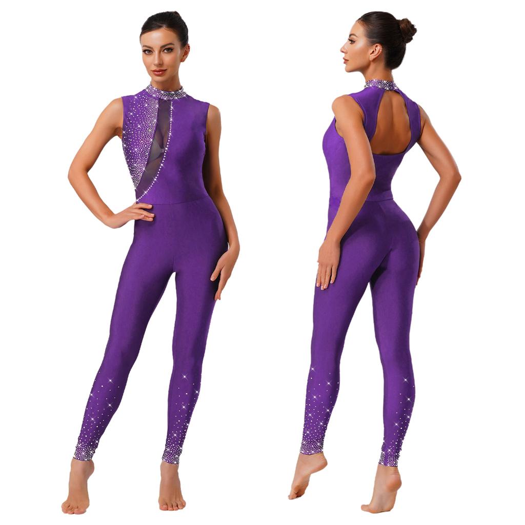 Combinaison de compétition pour femme S-XXL: Combinaison moulante sans manches à dos creux et strass pour gymnastique, yoga, entraînement