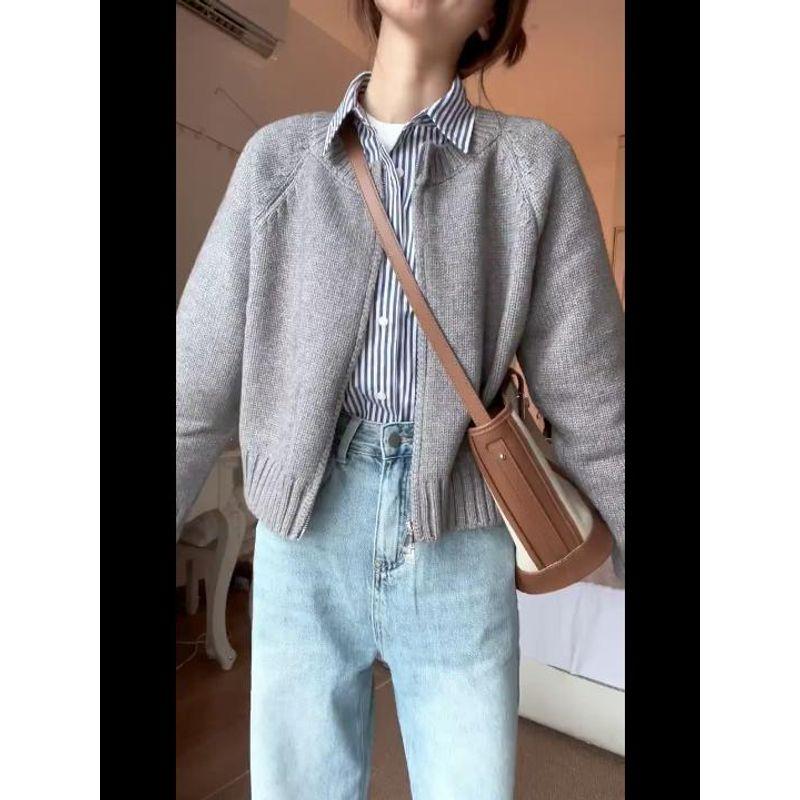 

Серый кардиган с капюшоном, на двойной молнии, в стиле ретро, крупной вязки Gray round neck M [Recommendation 90/52.50kg]]