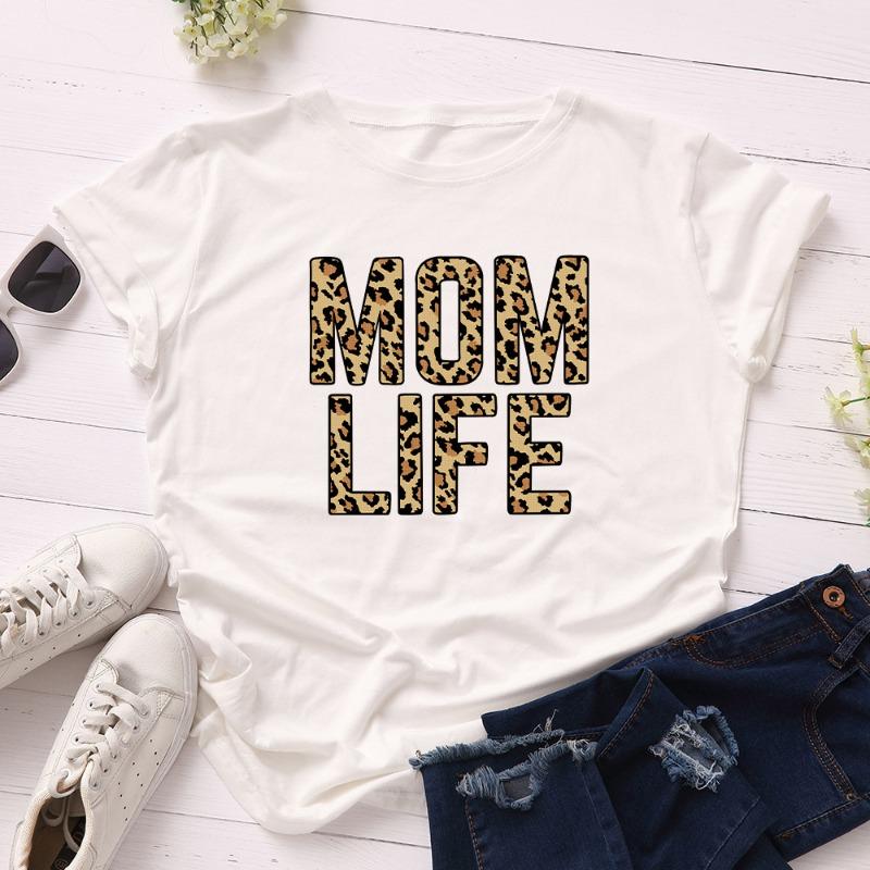 Summer Women's Leopard Print Creative Text MOM LIFE Print Loose Round Neck Short Sleeved Pure Cotton T-Shirts Women’s