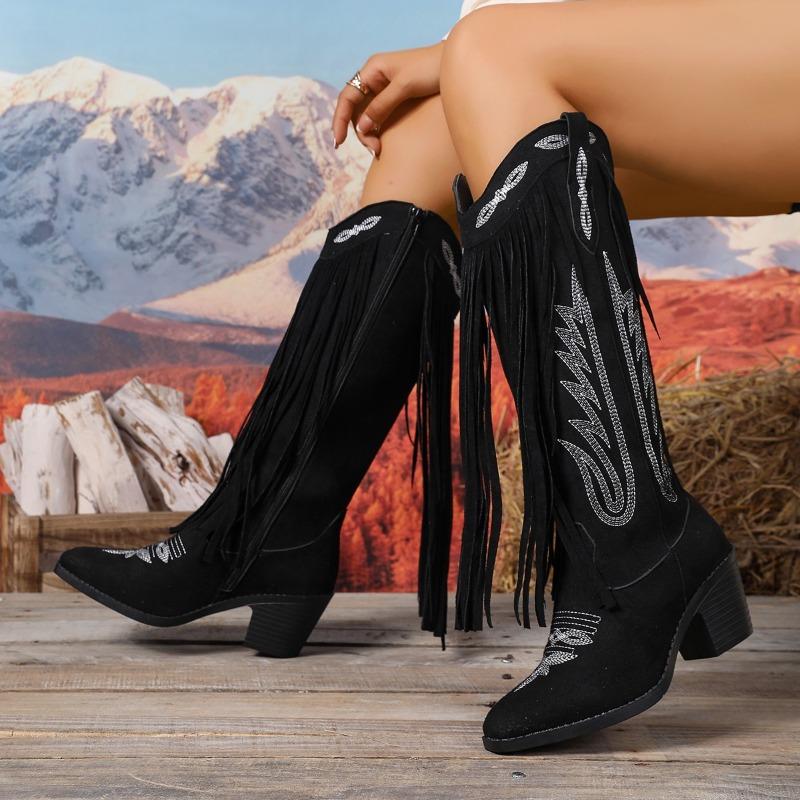 Embroidered Big Yard Pointed Toe High Heel Tassel Boots Women's 2025 Winter New Ethnic Style Thick-heeled Knight Boots