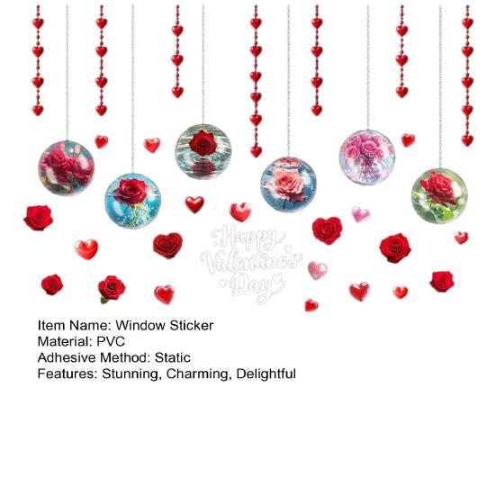 Valentine's Day Window Clings Rose Flower Heart Static PVC Window Glass Decals Reusable Double-Sided Static Stickers for Wedding Anniversary Home