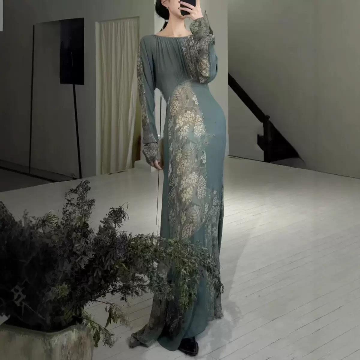 Spring Waist-Cinching Round Neck Patchwork Dress Small темно-зеленого