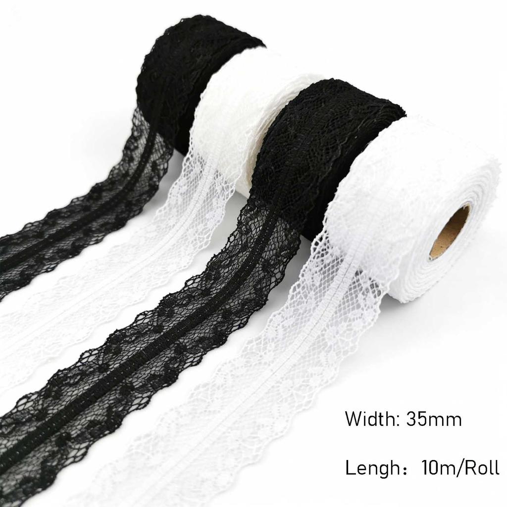 10m/Rolle 35mm weiß/schwarz Spitzenband Dekoration, niedliches Geschenkverpackungsmaterial
