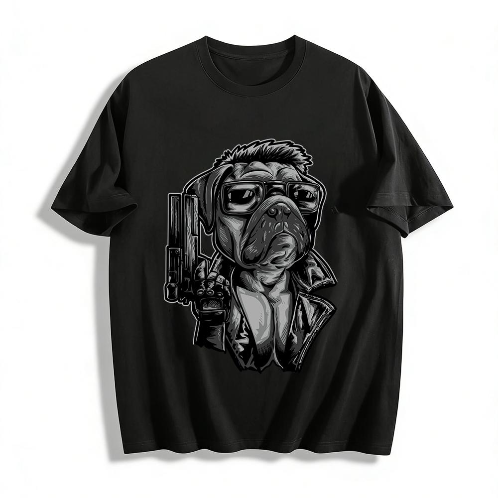 Cool Sunglasses Gun-wielding Pug Graphic Casual Top Pure cotton T-shirt XXS