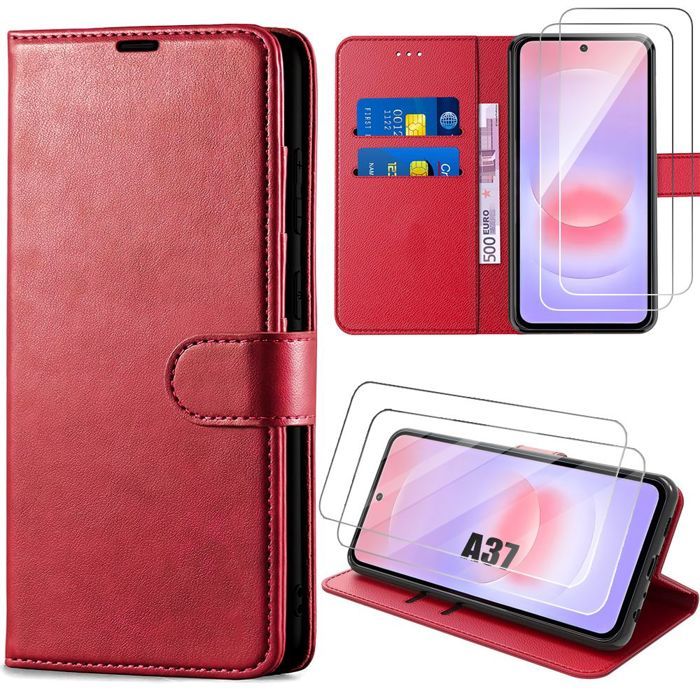 Coque pour Samsung Galaxy A37 5G, Protection Anti-Rayures Cuir Synthétique Rouge - 2 Verres Trempés