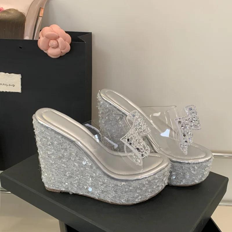 Transparent Women Platform Slipper able Crystal Rhinestone Bowknot High Heels Wedge Sandals Summer Party Dress Shoes