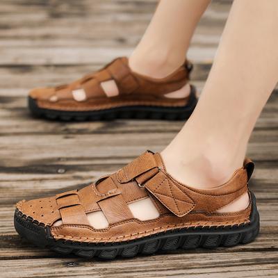 Outdoor Schnelltrocknende Herrensandalen Handgenäht Herren Sommerschuhe Neu Lässig Leder Strandflache Anti-Kollisions-Zehe Römersandalen