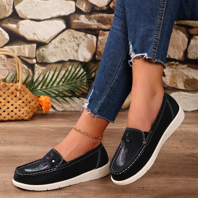 

Модные осенние новые туфли на плоской подошве, женская мода, круглый носок, неглубокий вырез, вышивка, мягкая подошва, нескользящие, низкие туфли 35 чёрный