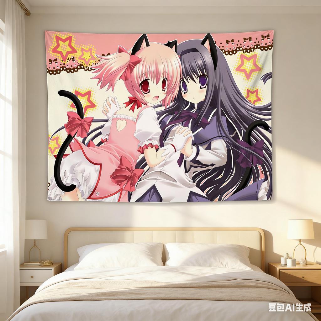 Madoka Anime Girl Tapestry Wall Hanging Cute Neko Cat Ears Pink Purple Character Bedroom Dorm Decor Polyester Fabric Backdrop