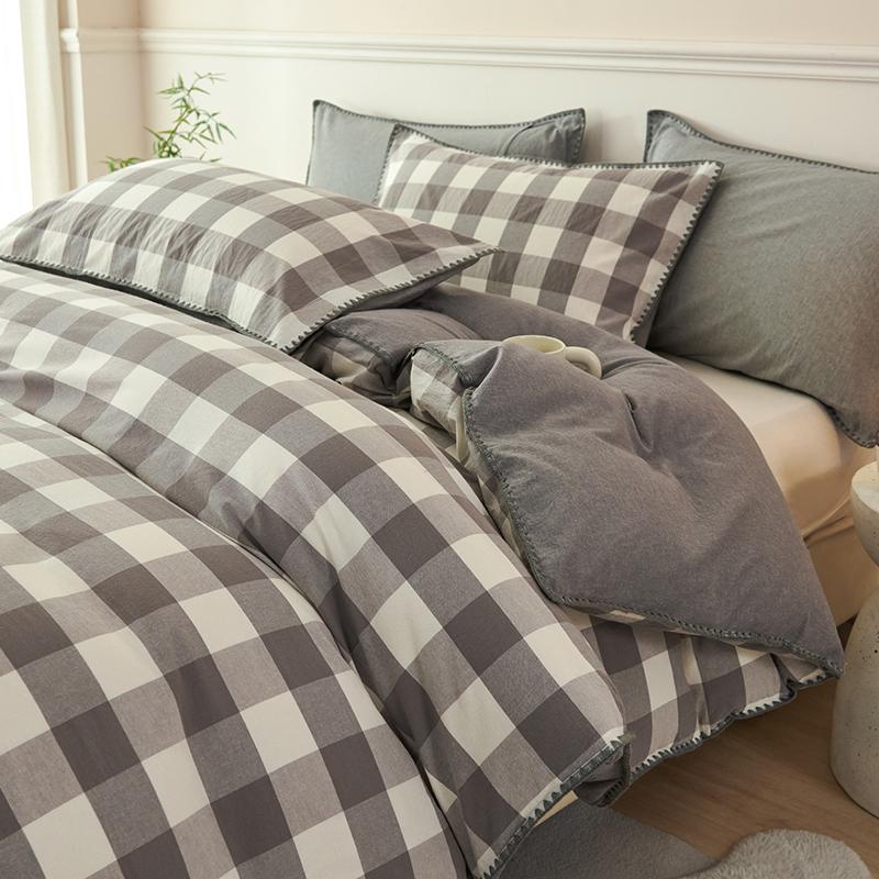 100% Cotton Bedding Set Luxury Duvet Cover Set- 1 Duvet Cover with 2 Pillowcases, Classic Plaid Style,Comforter Set Cover