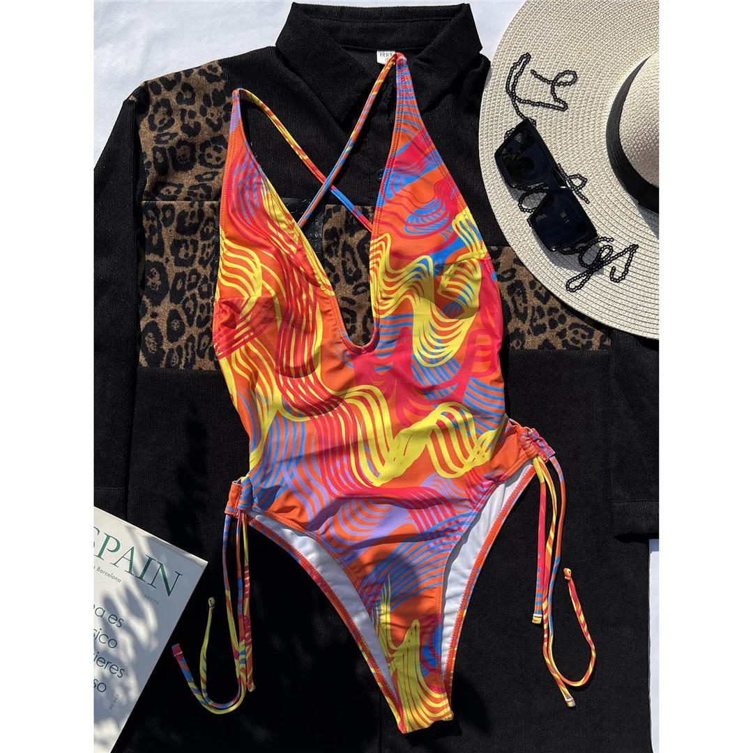 

Новый принтованный глубокий V-образный вырез крест-накрест на спине цельный купальник женский купальник женский монокини с высоким вырезом по ноге купальный костюм для плавания L