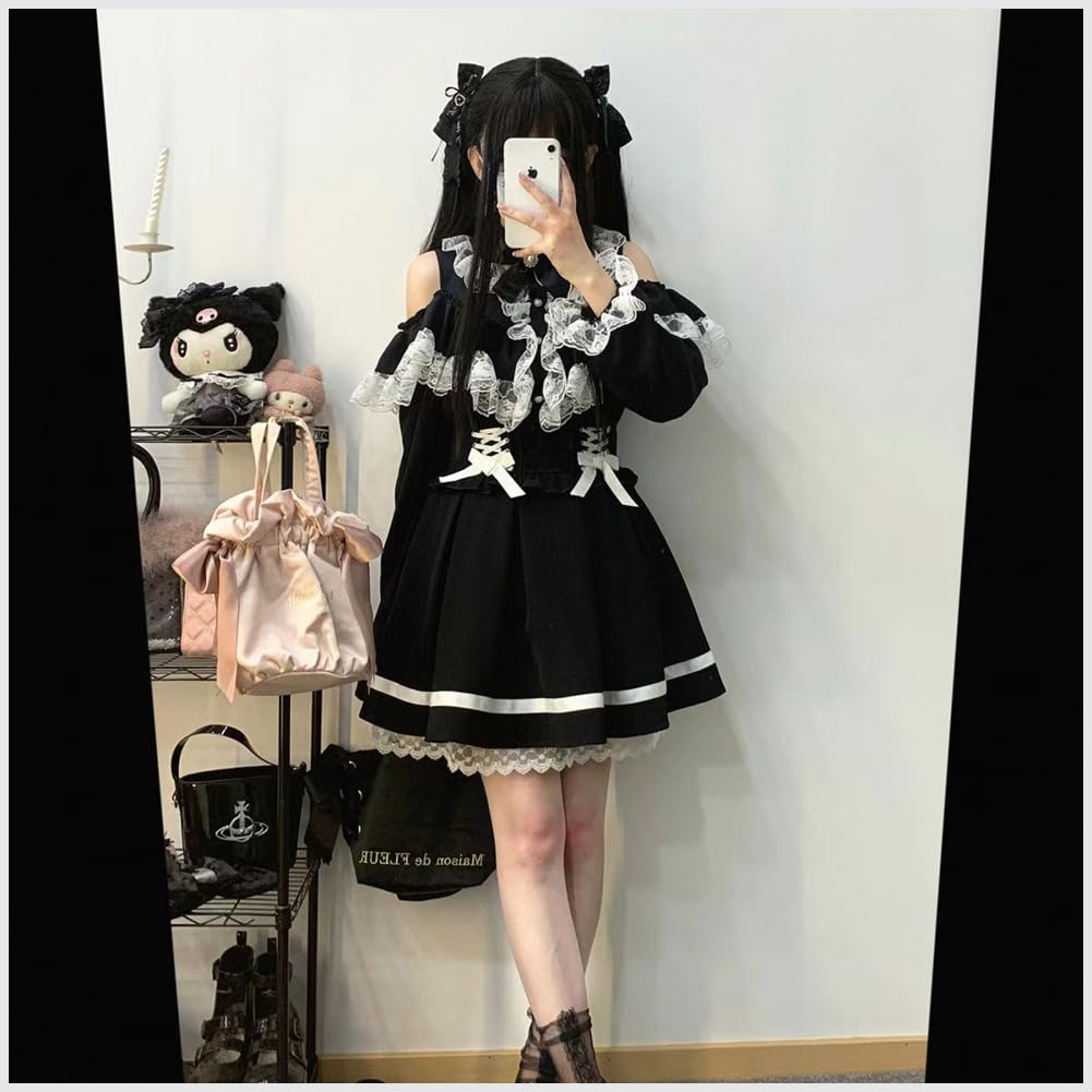 EDREES Lace Ruffle Long Sleeve Cute Mori Girl Lolita Top with Detachable Commuting Women's Shirt, Blouse, Style, Off-the-Shoulder Bow, Feminine,