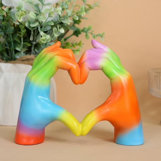 Rainbow Love Gesture Figurine Love Heart Hand Shape Statue Sculpture Home Office Bedroom Desktop Decoration Ornament